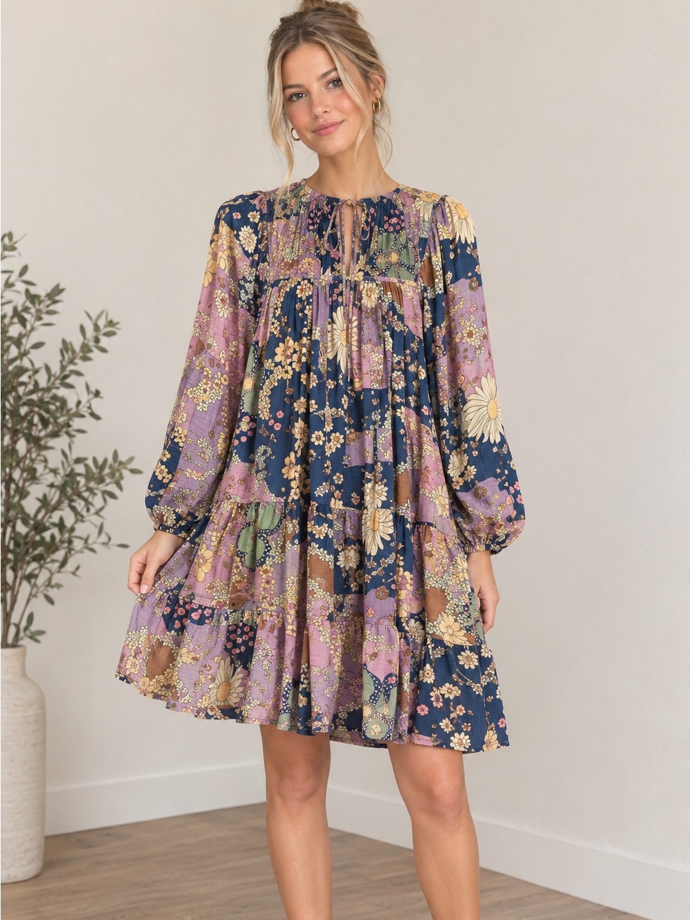 entro Patchwork Floral  Dress - Navy, Lavender & Brown